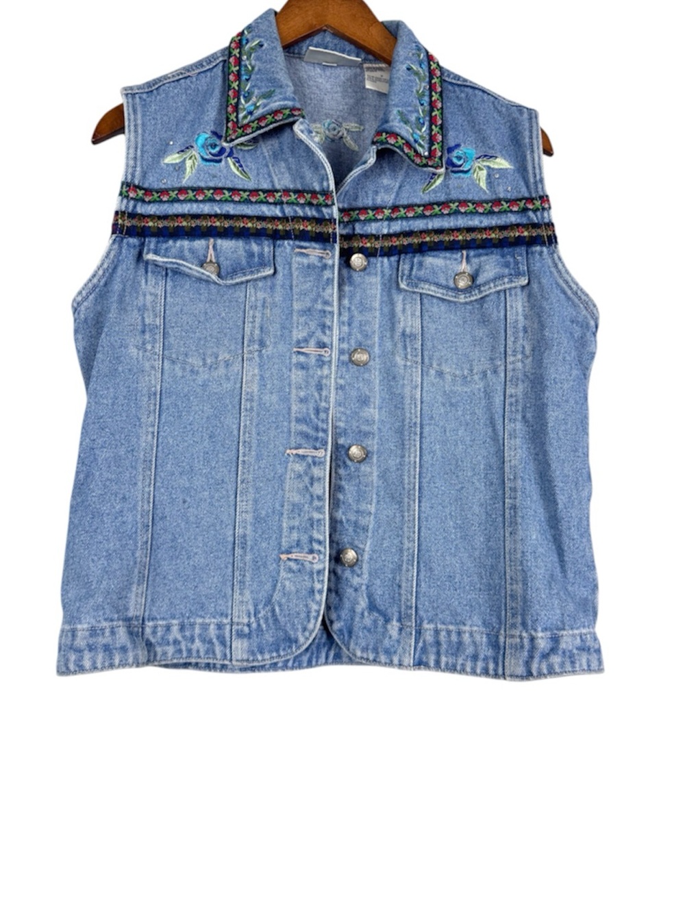 Bill Blass Denim Light Blue Embroidered Denim Vest Size Medium